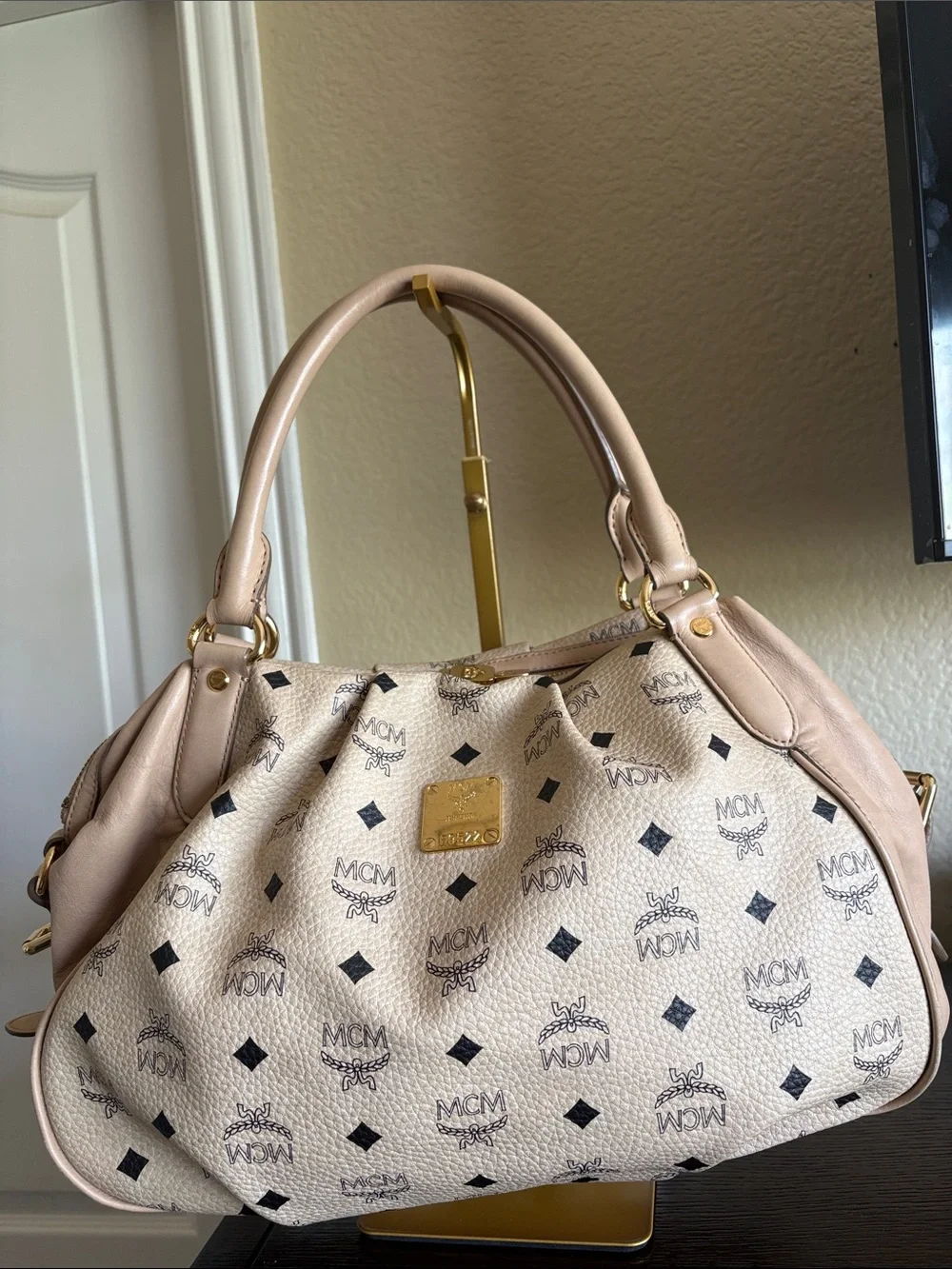 MCM Beige Logo Satchel Bag